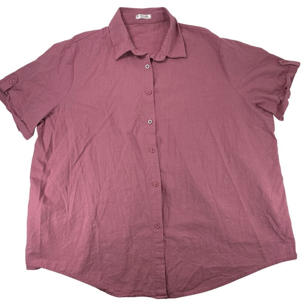 In'Voland Pink 100% Cotton Button Up Shirt Short Roll Tab Sleeve Plus 24W Women